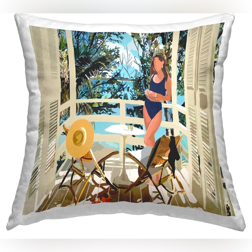 Lounging Woman Coastal Beach Balcony Decorative Printed Throw Pillow NIP